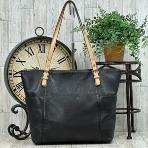 MICHAEL Michael Kors Black Leather Tote with Tan Straps